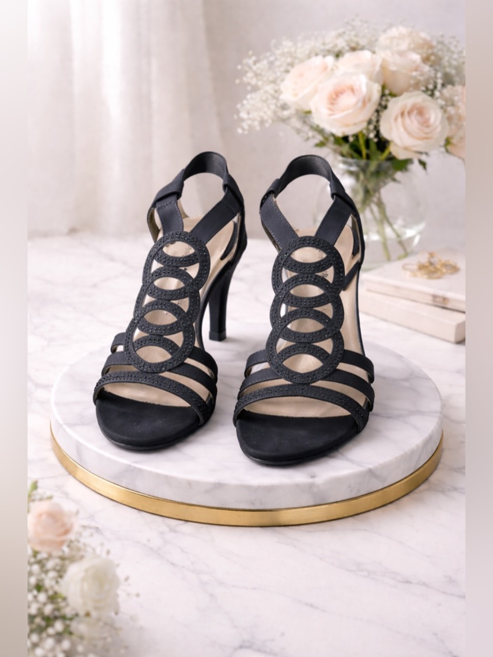 Karen Scott Debee Sz 9 1/2 Elegant Navy Strappy Heeled Sandals Navy
